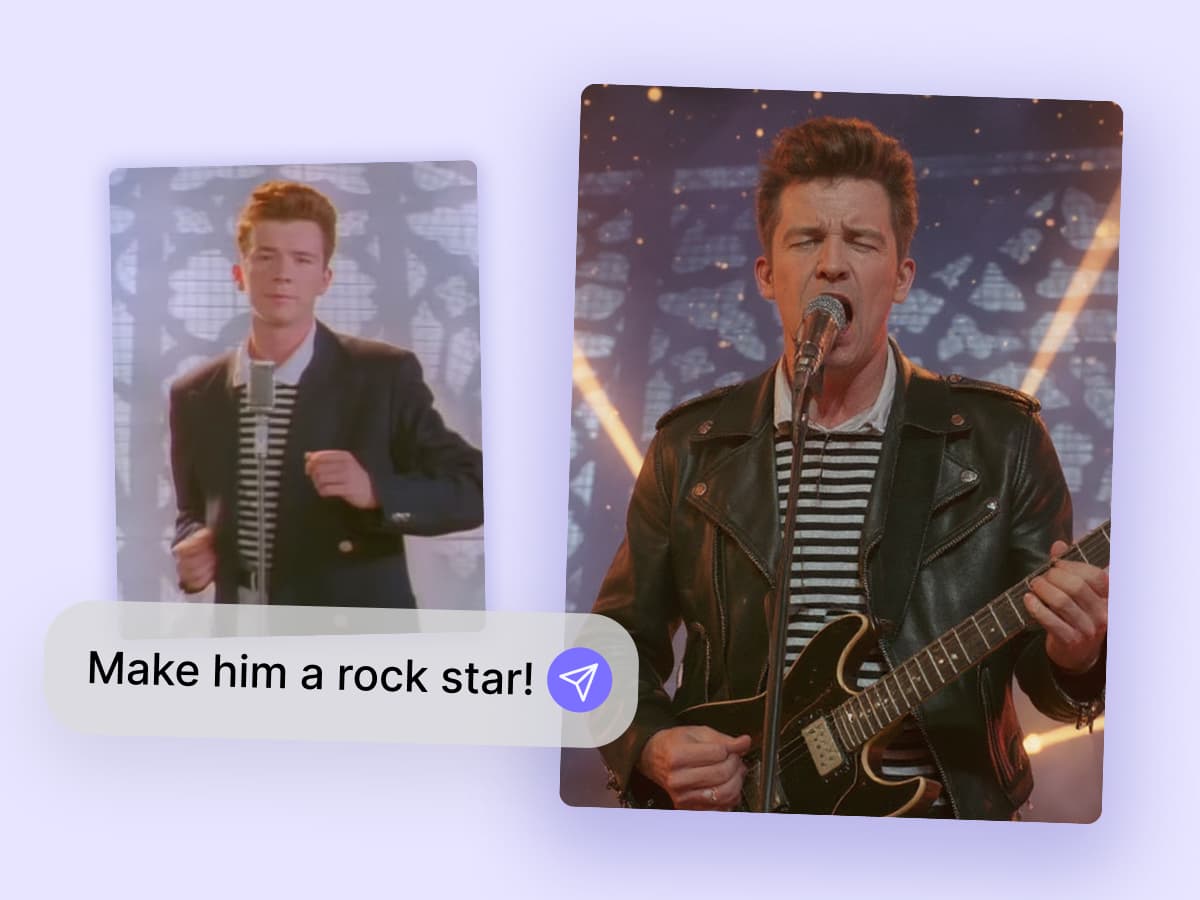 Singer Rick Astley performing with a guitar, demonstrating AI's ability to generate new art from an existing image.