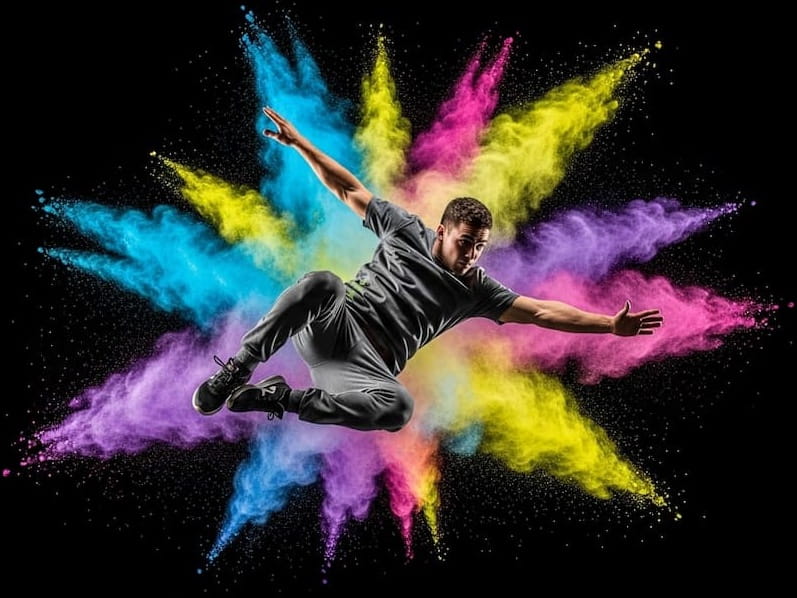 A man breakdancing in mid-air with a vibrant explosion of colored powder, created by the AI Image Generator.