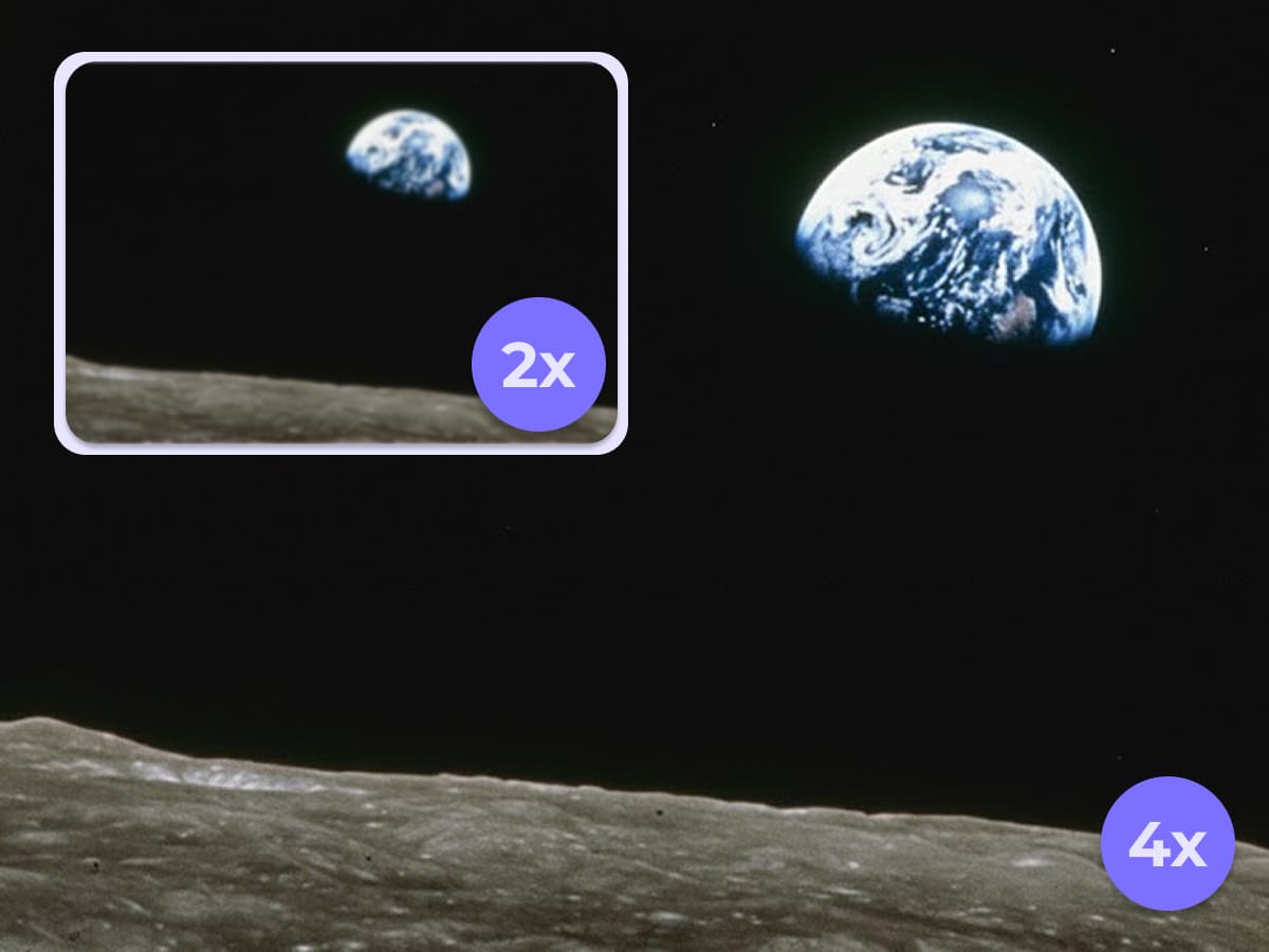 The iconic 'Earthrise' photograph, digitally upscaled to extreme clarity to show the vibrant blue Earth over the lunar horizon.