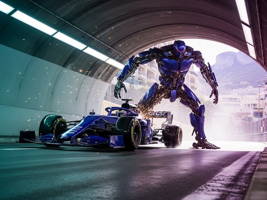 A single, coherent image created by the AI Image Combiner, showing a futuristic glass skyscraper seamlessly integrated into the landscape of the ancient Roman Colosseum.