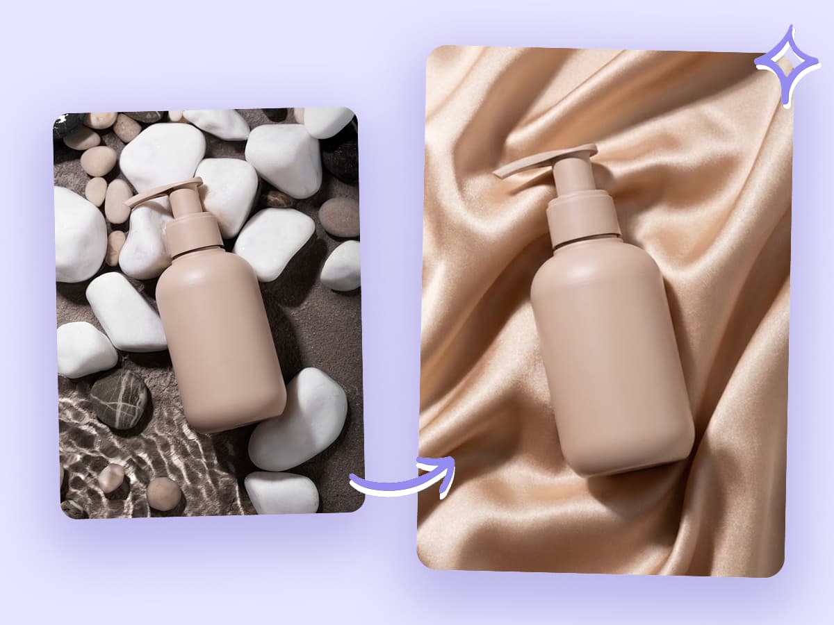 A before-and-after example showing a car originally on a city street now parked on a scenic coastal road at sunset, created by the AI Background Changer.