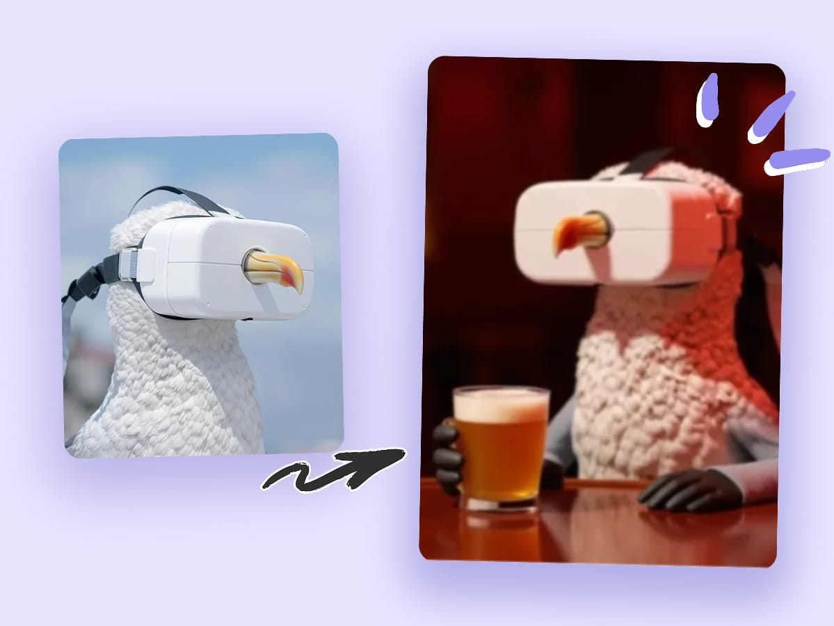 A claymation-style sheep wearing a VR headset and holding a glass of beer, an example of a creative edit with the Free AI Image Editor.