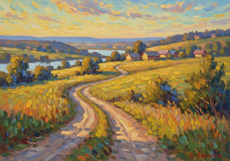 A beautiful impressionist-style landscape painting of a countryside with a winding road, created by the Free AI Image Generator.