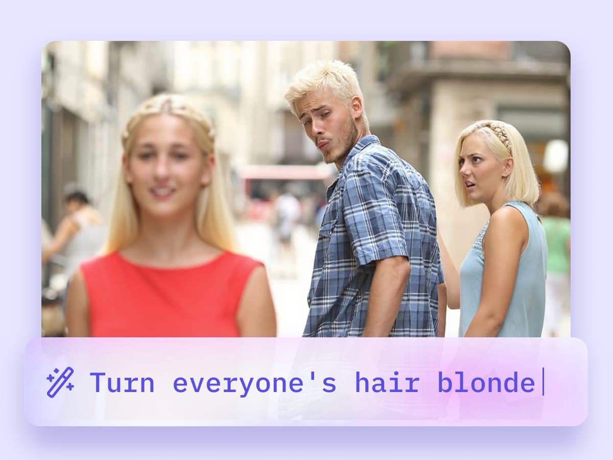 The 'Distracted Boyfriend' meme, showcasing how AI can be used for image-to-image transformations and creative edits.