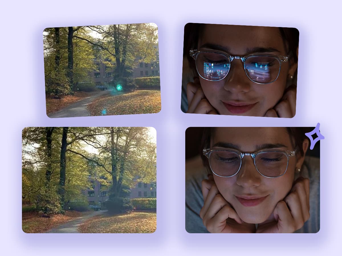 A before-and-after image of a backlit portrait where strong sun glare is seamlessly removed by the AI Glare Remover, revealing the woman’s clear face and surroundings.