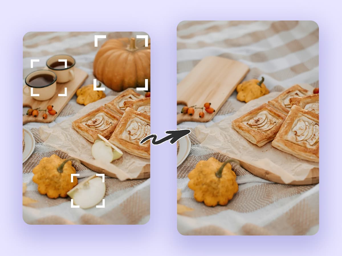 A before-and-after split image of a picnic scene. The 'before' side on the left shows two cups and a pumpkin on a picnic blanket with pastries. The 'after' side on the right shows the same scene with the two cups and the large pumpkin completely removed, leaving a tidier composition.