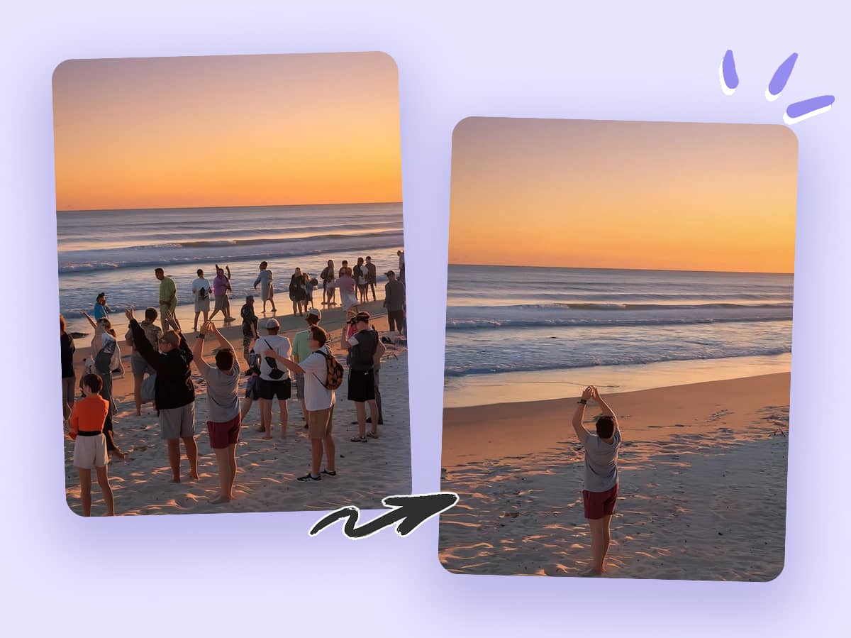 A peaceful sunrise beach scene after a large crowd of people were completely removed by AI, leaving only one person looking at the ocean.